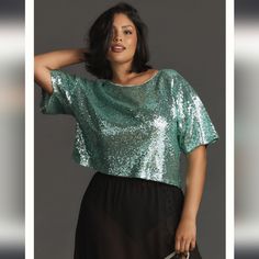 Nwt Sizes: L & Xl Available Turquoise Short Sleeve Tops For Spring, Green Sequined Short Sleeve Tops, Green Crew Neck Top For Night Out, Turquoise Fitted Short Sleeve Top, Fitted Turquoise Short Sleeve Tops, Green Sequined Tops For Spring, Turquoise Tops For Summer Parties, Turquoise Summer Party Top, Cropped Tee