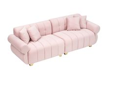 a pink couch with gold legs and pillows on it's back, against a white background