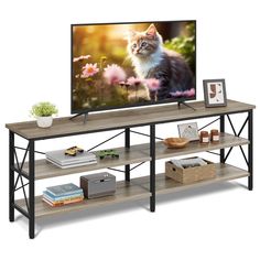 a cat sitting on top of a wooden shelf in front of a flat screen tv