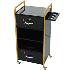 a black and yellow cart with three drawers