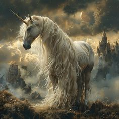 a white unicorn standing on top of a field next to a castle in the sky