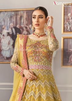 Latest Pakistani Maxi Dress for Wedding Party Neckline Embroidery Yellow Sharara With Intricate Embroidery For Party, Gold Dabka Dress For Reception, Gold Dabka Reception Dress, Yellow Bollywood Churidar With Intricate Embroidery, Yellow Chinon Traditional Wear With Intricate Embroidery, Festive Yellow Churidar With Intricate Embroidery, Semi-stitched Yellow Salwar Kameez With Intricate Embroidery, Yellow Semi-stitched Salwar Kameez With Intricate Embroidery, Yellow Dupatta With Dabka Work For Reception