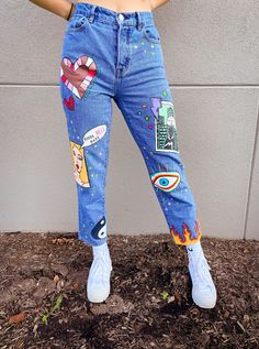 "These denim jeans are hand painted and heat sealed for longevity! They emulate the same vibes as the brand \"Boys Lie,\" are one of a kind, and include sassy and forward messaging! For all the broken-hearted people, kick it with these pants!!" Trendy Hand Painted Blue Jeans, Hand Painted Denim Jeans For Streetwear, Trendy Hand Painted Cotton Jeans, Artistic Hand Painted Denim Jeans, Painted Pants, Custom Sneakers Diy, Broken Hearted, Diy Upcycle, Painted Jeans