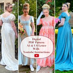 four women in dresses with the text digital pdd pattern a4 & 4s letter with youtube instructions