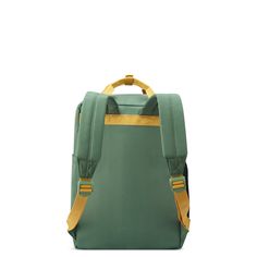 a green backpack with gold trims on the front and back straps, sitting against a white background