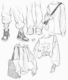 an image of people's clothes and shoes in the style of fashion sketching