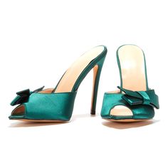 Shop Green Satin Open Toe Stiletto Mules Shoes Pumps with Bow color Green for Music Festival, Party, Wedding, Work with worldwide Free shipping & Free return. Music Festival Party, Chic High Heels, Fancy Bows, High Heel Mules, Toes Designs, Pumps Heels Stilettos, Bow Heels, Satin Heels, Shoes Pumps