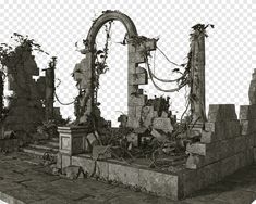 black and white photograph of an old cemetery with vines growing out of the stone pillars