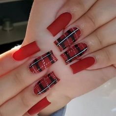 Super Cute And Stylish Ships In 5-10 Business Days Square Nails Christmas, Nails Red Square, Red Square Nails, Nails Long Square, Press On Nails Long, Plaid Nails, Nail Type, Coffin Press On Nails