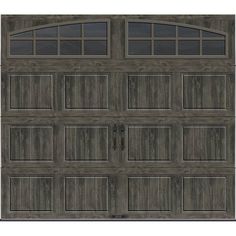 an image of a garage door with windows on the front and side panels in dark wood