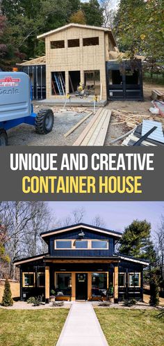 two pictures with the words unique and creative container house on them, in front of an open