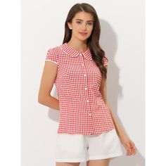 This summer checked tops feature short sleeves and Peter Pan collars as leisure essentials in summer. Wear it with your black pants and high heels for a full casual look. An endlessly wearable style, the Peter Pan collar with a bow tie is a good fusion of casual and elegance. A summer-weather essential, this casual button-down shirt is cut with a short sleeve and Peter Pan collar. This summer blouse is crafted in a regular fit with a short sleeve and button front closure. Short Sleeve Gingham Blouse For Day Out, Trendy Short Sleeve Plaid Blouse, Trendy Plaid Short Sleeve Blouse, Plaid Short Sleeve Summer Blouse, Summer Plaid Short Sleeve Blouse, Summer Plaid Blouse With Short Sleeves, Summer Short Sleeve Blouse For Picnic, Plaid Short Sleeve Top For Summer, Plaid Short Sleeve Summer Shirt