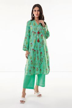 Khaadi J L JLA22302 Turquoise Cambric Lawn 2022 Casual Green Lawn Suit With Printed Motifs, Spring Green Kurta With Printed Motifs, Green Kurta With Printed Motifs For Spring, Green Printed Kurta For Spring, Green Summer Sets With Printed Motifs, Green Long Sleeve Lawn Suit For Summer, Green Printed Summer Kurta, Green Lawn Suit With Printed Motifs For Summer, Spring Blue Lawn Suit With Floral Print