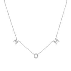 Treat Mom like the star that she is in our 14K Solid Gold Diamond Spaced MOM Necklace. The highest quality diamonds spell out the name of the highest symbol in your life. So gift your mom or yourself this forever piece. Pairs beautifully with our diamond solitaire necklaces or herringbone chains.

Approx. 0.25cts micro-pave set diamonds
Letter Size: 7mm (H)
High Quality G Color VS2 Clarity Natural Diamonds
Solid 14K Gold
Lifetime Guarantee Mother's Day Necklace With Diamond Accents As A Gift, Diamond Accents Necklace For Mother's Day Gift, Elegant Necklace With Diamond Accents For Mom, Diamond Jewelry Gift For Mom, White Gold Diamond Jewelry For Mom, Mother's Day Diamond Necklace, White Gold Diamond Jewelry For Mom's Gift, Mother's Day Brilliant Cut Cubic Zirconia Necklace, Mother's Day Necklace With Brilliant Cut Cubic Zirconia