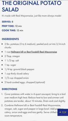 the original potato salad recipe is shown in blue and white, as well as instructions for how to make it