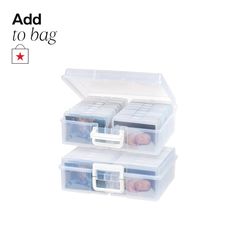 three plastic storage containers with lids and handles