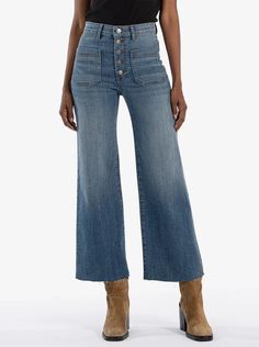 MEG HIGH RISE WIDE LEG EXPO BTN RAW HEM PATCH PKTS - Allure Boutique WY Children Bottoms, Vintage Vibe, Maxi Dresses Casual, Wide Leg Denim, White Denim, Wide Leg Jeans, Jeans Pants, Bottoms Pants, Black Denim