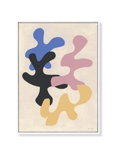 an abstract painting in black frame with multicolored shapes