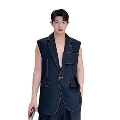 Hearujoy Personality Korean Fashion Design Long Suit Vest Mens Casual Long Suit Waistcoat Chic Style Sleeveless Jacket Gilet Homme Sleeveless Winter Blazer With Pockets, Tailored Black Vest Outerwear, Tailored Sleeveless Spring Outerwear, Black Sleeveless Vest With Pockets, Sleeveless Black Winter Blazer, Casual Tailored Black Vest, Tailored Sleeveless Vest Outerwear, Black Workwear Vest With Pockets, Black Sleeveless Outerwear For Summer