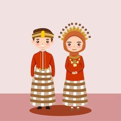 two people dressed in traditional clothing standing next to each other on a pink background illustration