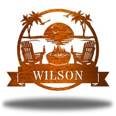 a wooden sign that says wilson with two chairs and a fountain in front of palm trees