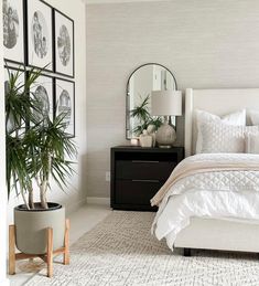 a bedroom with a bed, mirror and potted plant on the side table in front of it