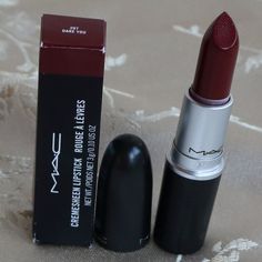 Mac Cremesheen Lipstick Dare You Bnib (Brand New In Box). Fullsize. Deep Burgundy Lipstick, Mac Liquid Lipstick Swatches, Vampire Makeup Products, Mac Makeup Aesthetic, Mac Dare You, Mac Cremesheen Lipstick, Mac Makeup Lipstick, Dark Red Lipstick, Make Up Lipstick