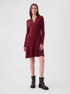 Soft cotton-nylon blend, ribbed-knit sweater mini dress.  Polo collar and button placket.  Long sleeves.  Fit: Stretch-to-Fit.  A fit & flare silhouette that's slim at the body & flares at the waist.  Hits above the knee.  Models wearing Gap Fit And Flare Sweater Dress, Long Sleeve Fall Dress, Long Sleeve Dresses Fall, Cold Fashion, Wife Style, Sweater Mini Dress, Mini Sweater, Fashion Fail, Long Sleeve Sweater Dress