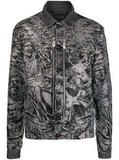 silver-tone crystal embellishment all-over graphic print classic collar front button and zip fastening two button-fastening chest pockets silver-tone logo plaque full lining long sleeves Luxury Silver Outerwear For Parties, Luxury Metallic Outerwear, Luxury Fitted Silver Outerwear, Rhinestone Jacket, Embellished Jacket, Philipp Plein, Crystal Embellishment, Mens Outerwear, Gray Jacket