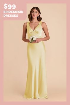 the bridesmaid dresses are $ 99 and available in yellow or white, with an open v - neckline