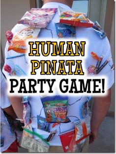 the back of a man's shirt that says, human pinata party game