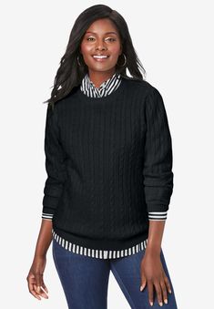 Classic cable-knit sweater, this cozy layer is a must-have piece to take into chilly temps. A relaxed fit makes it easy to layer with our poplin shirt.  Straight silhouetteCrewneckLong sleeves27" lengthAcrylicMachine washableImportedComplete the look with our Stretch Cotton Poplin Shirt! Click to shop." target="_blank">Complete the look with our Stretch Cotton Poplin Shirt! Click to shop. Cotton Poplin Shirt, Ladies Of London, Plus Size Sweaters, Swimsuits For All, Petite Tops, Poplin Shirt, New Tops, Crewneck Sweater, Simple Outfits