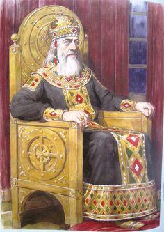 a painting of an old man sitting in a chair with a crown on his head