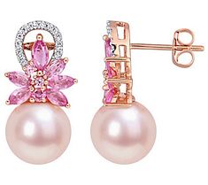 Now, it's a celebration! Reach for these pink cultured freshwater pearl earrings, blooming with diamonds and pink sapphire gemstones, when you want to mark a special occasion -- and take some fabulous photos. From Bellini. Rose Gold Drop Earrings, Sapphire And Diamond Earrings, Pearl Pink, Freshwater Pearls Earrings, Pink Gemstones, Diamond Flower, Diamond Drops, Freshwater Cultured Pearls, Diamond Drop Earrings