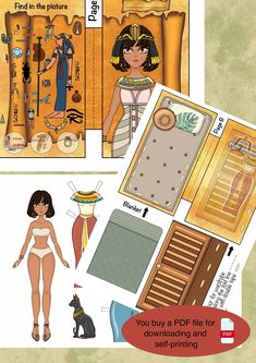 an egyptian paper doll is shown with instructions to make it look like an egyptian woman