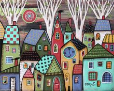 a painting of colorful houses with trees and clock on the top, painted in acrylic paint