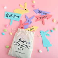 bunny egg hunt kit on pink background surrounded by easter eggs and paper cutouts that say start here