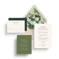 the wedding stationery is shown in green and white, with floral designs on it