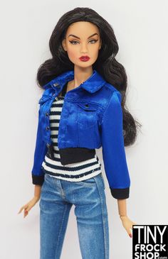 Integrity Le Chic Poppy Ginger Blue Bomber Jacket This electric blue bomber jacket is luscious in satin! Trimmed in black rib and looks cool open or closed. Chic Stretch Blue Outerwear, Tights Outfits, Integrity Dolls, Daisy Dress, Wedding Hats, Black Rib, Denim Outfit, Lingerie Sleepwear, Barbie Clothes