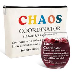 a wine glass next to a bag with the words chaos coordinates on it and an information card