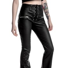 Nwt Killstar Hell-O Vegan Leather Lace Up Flare Black Pants Measurements: 14" Across Waist, 40.1" Length, 30' Inseam Black Gothic Leather Pants For Concerts, Gothic Black Leather Pants For Concerts, Gothic High Waist Pants For Concert, Gothic Leather Pants For Fall, Gothic High-waist Pants For Concerts, Punk High Waist Bottoms For Night Out, High Waist Punk Bottoms For Night Out, Alternative Style Black Bottoms For Night Out, Alternative Style Pants For Fall Party