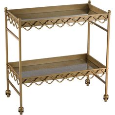 two tiered serving trays on wheels with one shelf holding wine glasses and the other is empty