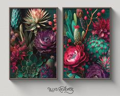 two paintings of cactus and succulents are hanging on the wall