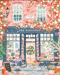 the bookshop is surrounded by flowers and pumpkins