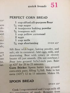 an old recipe for corn bread is shown in the menu listing it's ingredients