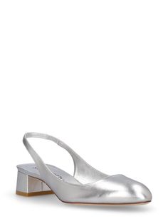 35mm Heel. Metallic leather upper. Slingback strap with elastic insert. Leather lining and insole. Leather sole Ski Accessories, Silver Heels, Flat Espadrilles, Heeled Loafers, Ski Wear, Metallic Leather, Manolo Blahnik, Stuart Weitzman, Wedge Shoes