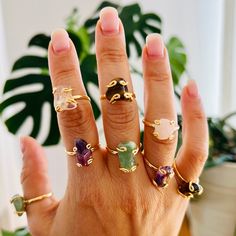 "Gemstone rings are special rings with colorful stones that are believed to have positive effects on the body and mind. Each gemstone is thought to have its own unique healing properties. For example, amethyst is said to promote calmness and relaxation, while rose quartz is believed to attract love and compassion. I create adorable rings using small crystal pieces wrapped in wire. This lets you carry the natural healing power of crystals on your finger. These rings are a lovely gift for yourself Spiritual Gemstone Toe Ring Jewelry, Spiritual Jewelry Ring With Accent Stones, Spiritual Ring Jewelry With Accent Stones, Spiritual Stackable Rings With Natural Stones, Spiritual Open Ring Crystal Promise Ring, Spiritual Jewelry With Accent Stones, Spiritual Healing Rings With Natural Stones, Unique Open Birthstone Ring With Gemstone, Green Crystal Gemstone Ring For Spiritual Wear