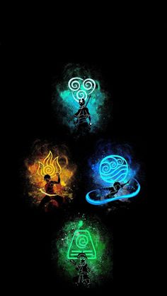 four different colored lights in the dark with one being a man and two are holding hands