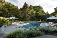 an outdoor pool with lounge chairs and umbrellas next to the swimming pool surrounded by greenery