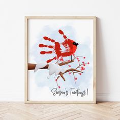 Christmas Craft Ideas For Babies | Cardinal Handprint Craft | Ollie + Hank Christmas Baby Canvas Art, Baby Handprint Christmas Crafts, Christmas Presents From Baby, December Handprint Art, Toddler Christmas Gifts For Parents, Cardinal Handprint Craft, Craft Ideas For Babies, Handprints Art